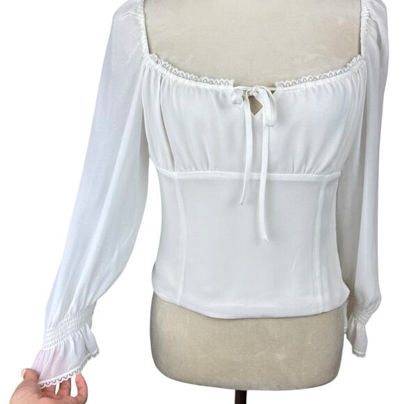 Aritzia Wilfred Duke Blouse White Sheer Long Sleeve Cropped Smocked Peasant Top - Picture 8 of 14